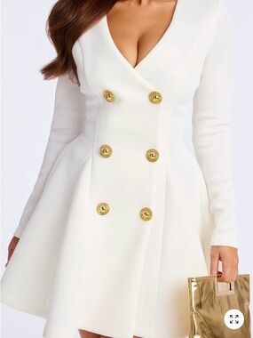 Women's White Fit & Flare Dress with Gold Buttons